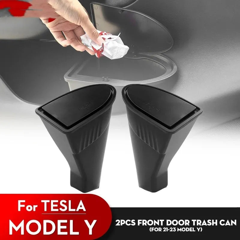 Two black ABS plastic car door trash cans designed for Tesla Model Y front door storage.
