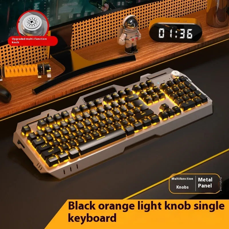 Aluminium mechanical keyboard with control knob in metal grey rainbow light colour option