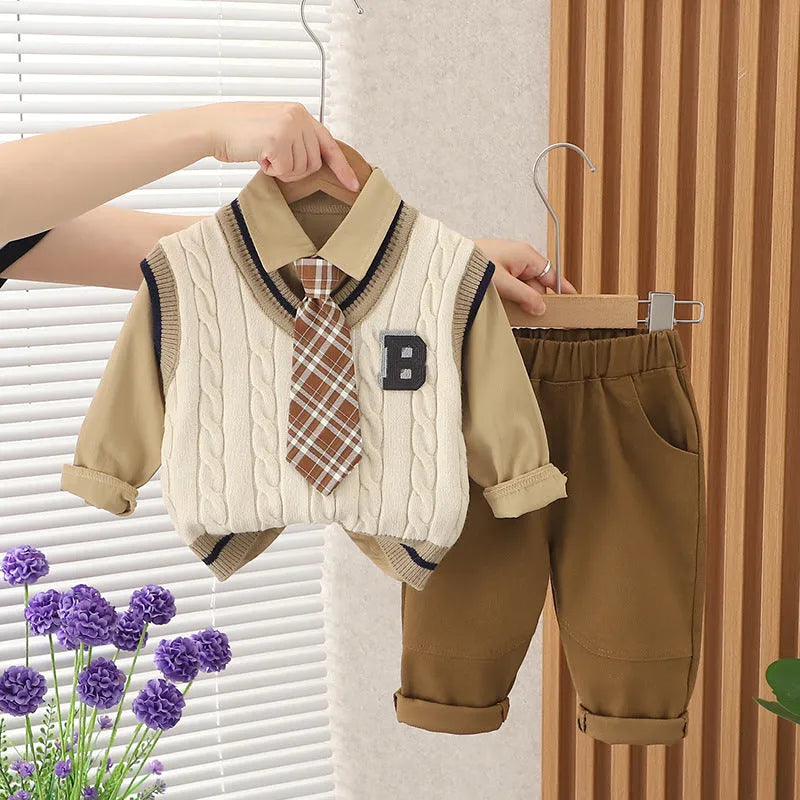 Boys autumn three-piece suit with tie B-shaped sweater pattern, cotton top, trousers, and beige or khaki vest.