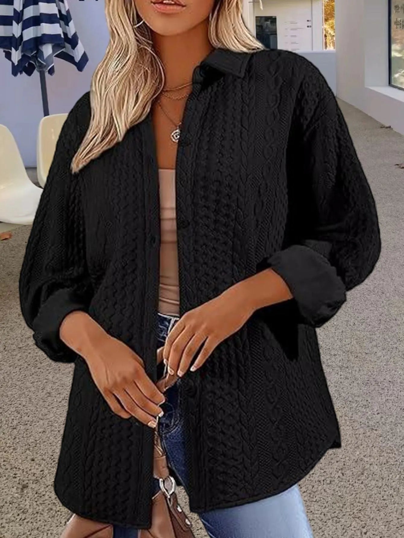 Women's solid colour knitted cardigan in black, open front style with long sleeves