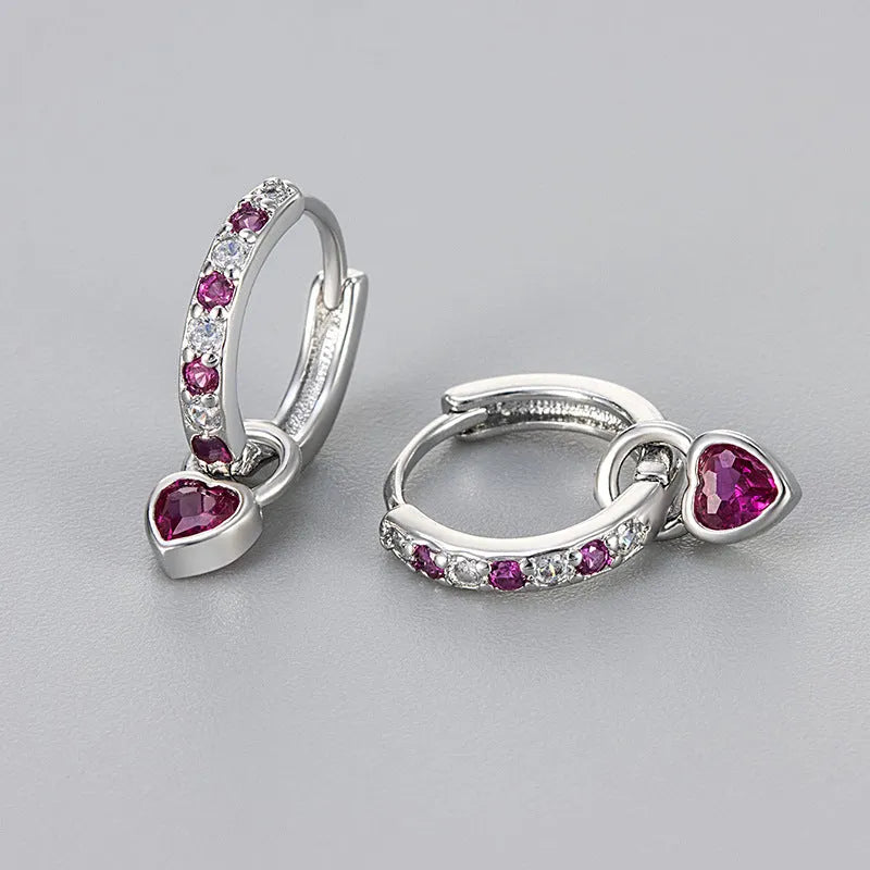 Women's heart-shaped zircon drop earrings with coloured gemstone centre and ear clip fastening
