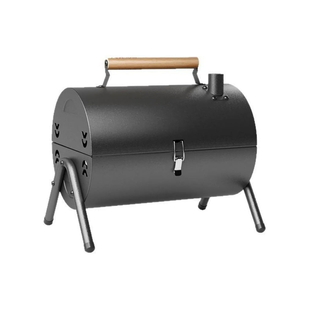 White round chimney portable charcoal grill with frying and baking capabilities