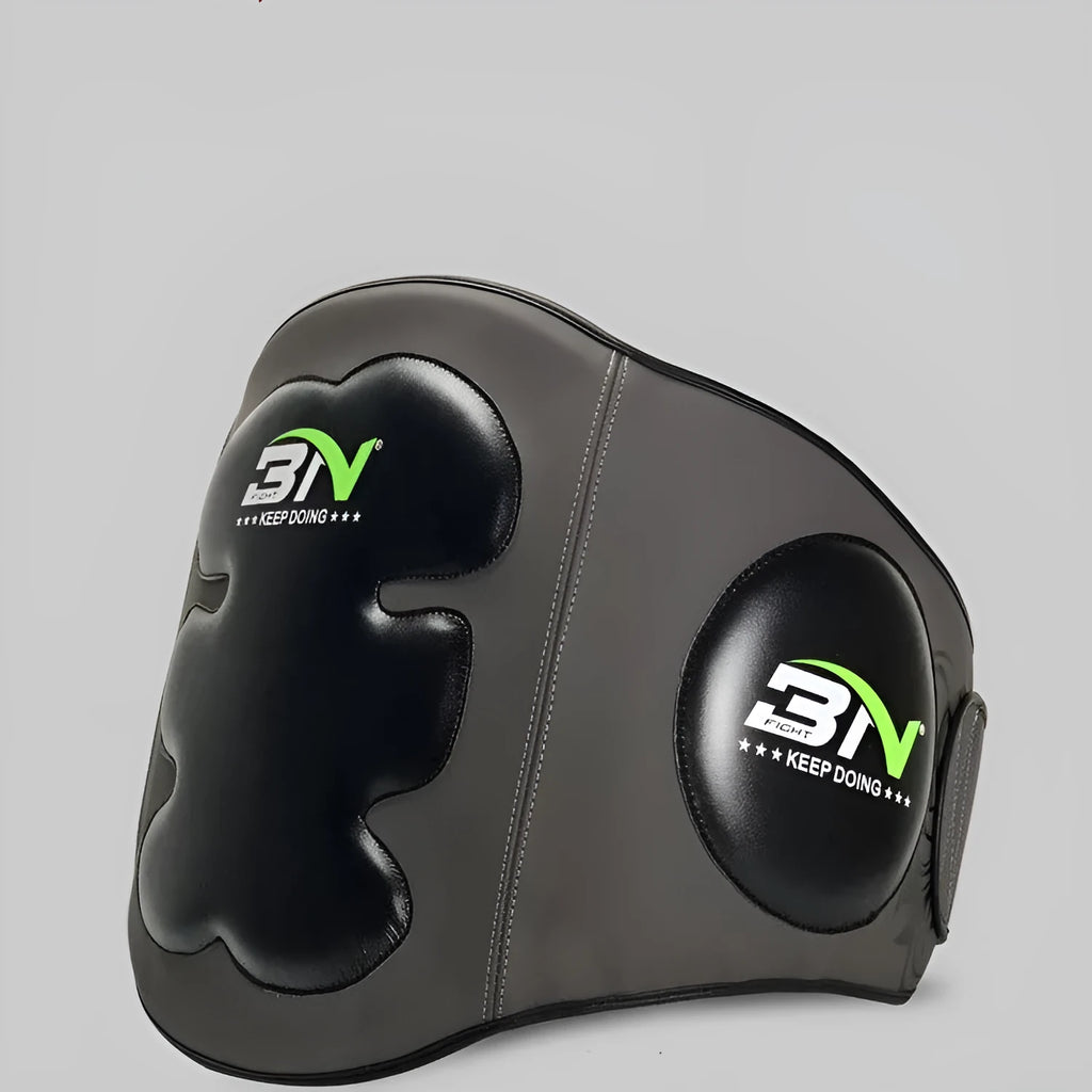 Dark grey Sanda boxing waist protection target with thickened foam for martial arts training.
