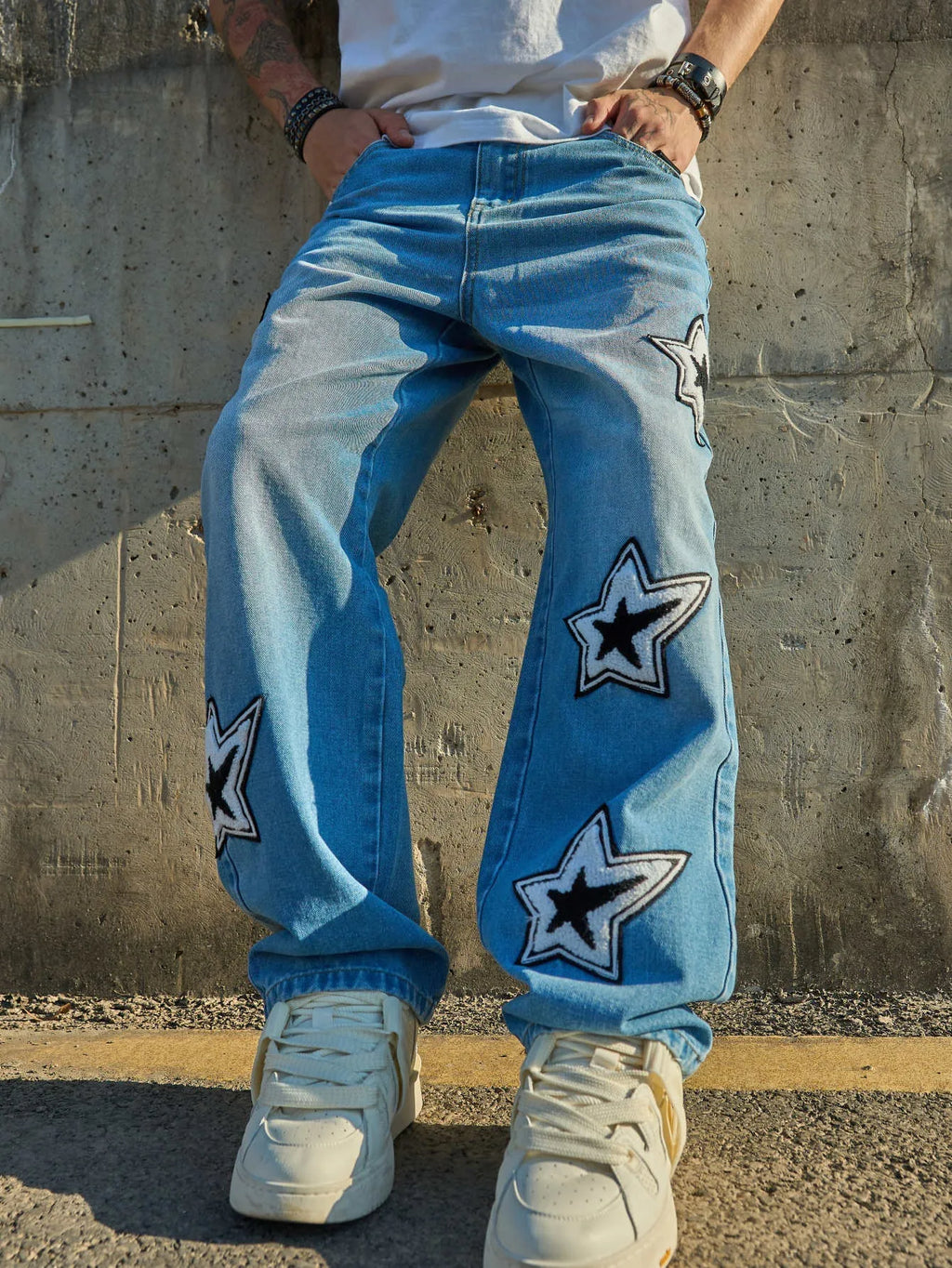 Men's loose straight casual cotton denim jeans in washed blue, mid waist with zip fly, sizes XS-XXL