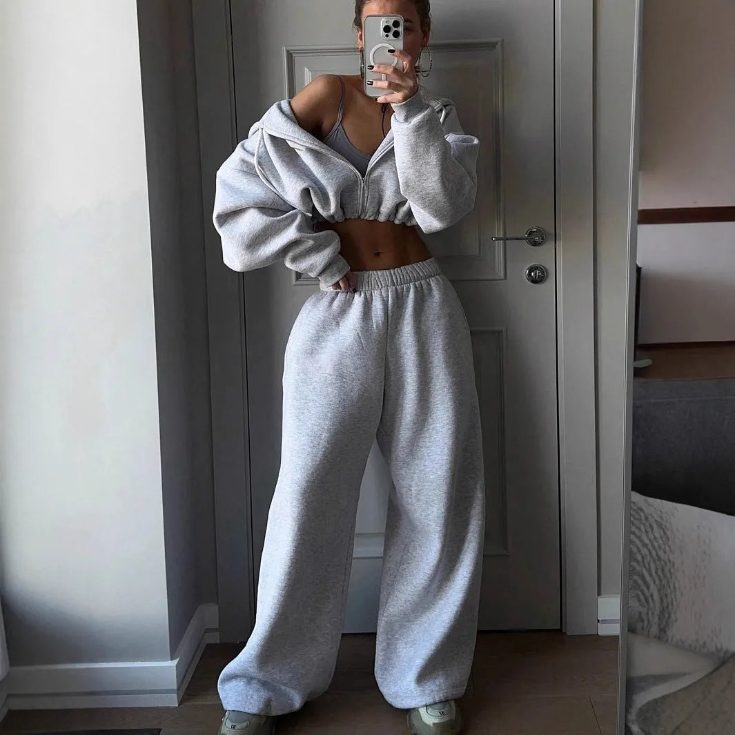 Men's long sleeve polyester sports suit two-piece set in light gray
