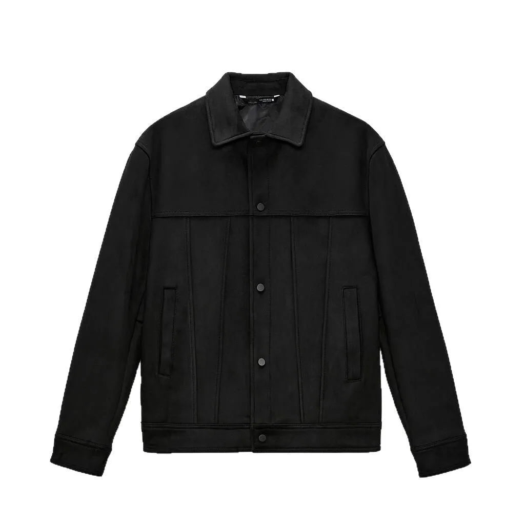 Black men's hooded jacket with suede collar and side pockets