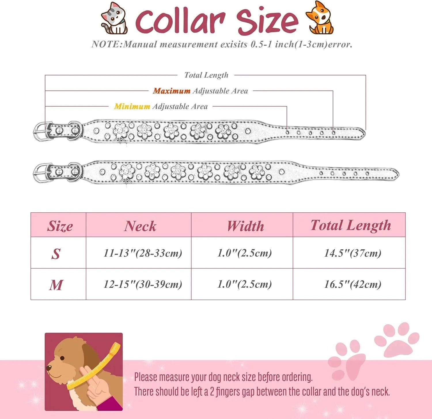 Black dog collar with shiny rhinestone flower pattern and metal D-ring on a soft PU leather strap.