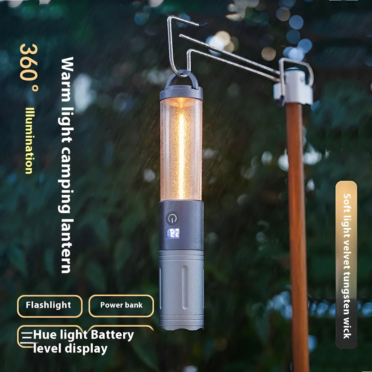 Portable rechargeable LED camping lantern with Type-C charging, telescopic zoom and tungsten wire style