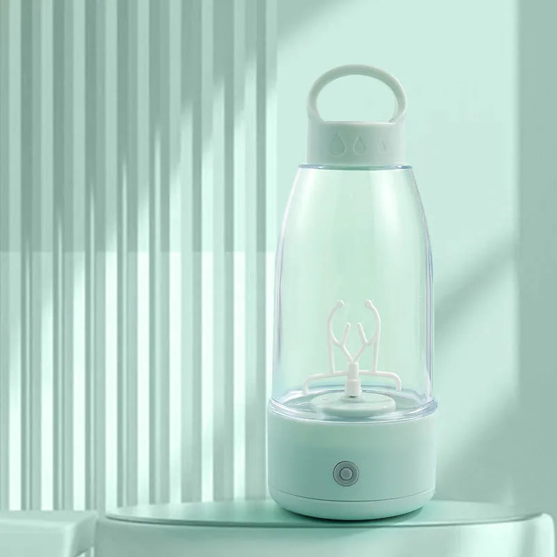 Automatic electric shaker bottle with USB charging port and handle in green, pink, and white colours