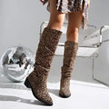 Brown leopard print women's boots with square toe and chunky block heels