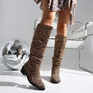 Brown leopard print women's boots with square toe and chunky block heels