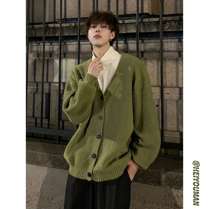 Men's loose fit V-neck cardigan sweater in cotton blend fabric available in multiple colours
