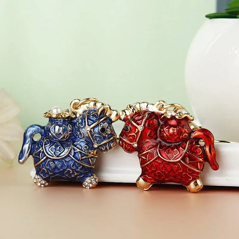Chinese style diamond-embedded alloy car key ring with lucky rope in multiple colours