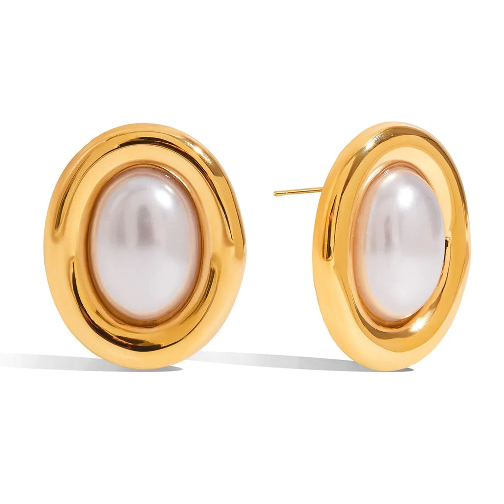 Stainless steel vintage pearl ear studs with electroplated finish, colour JDE0305051