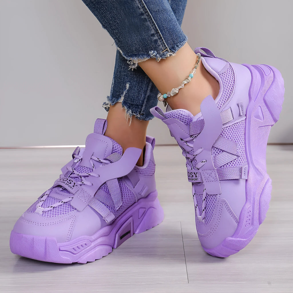 Women's platform mesh sports shoes in purple, green, white, pink and yellow colours with front lace-up design