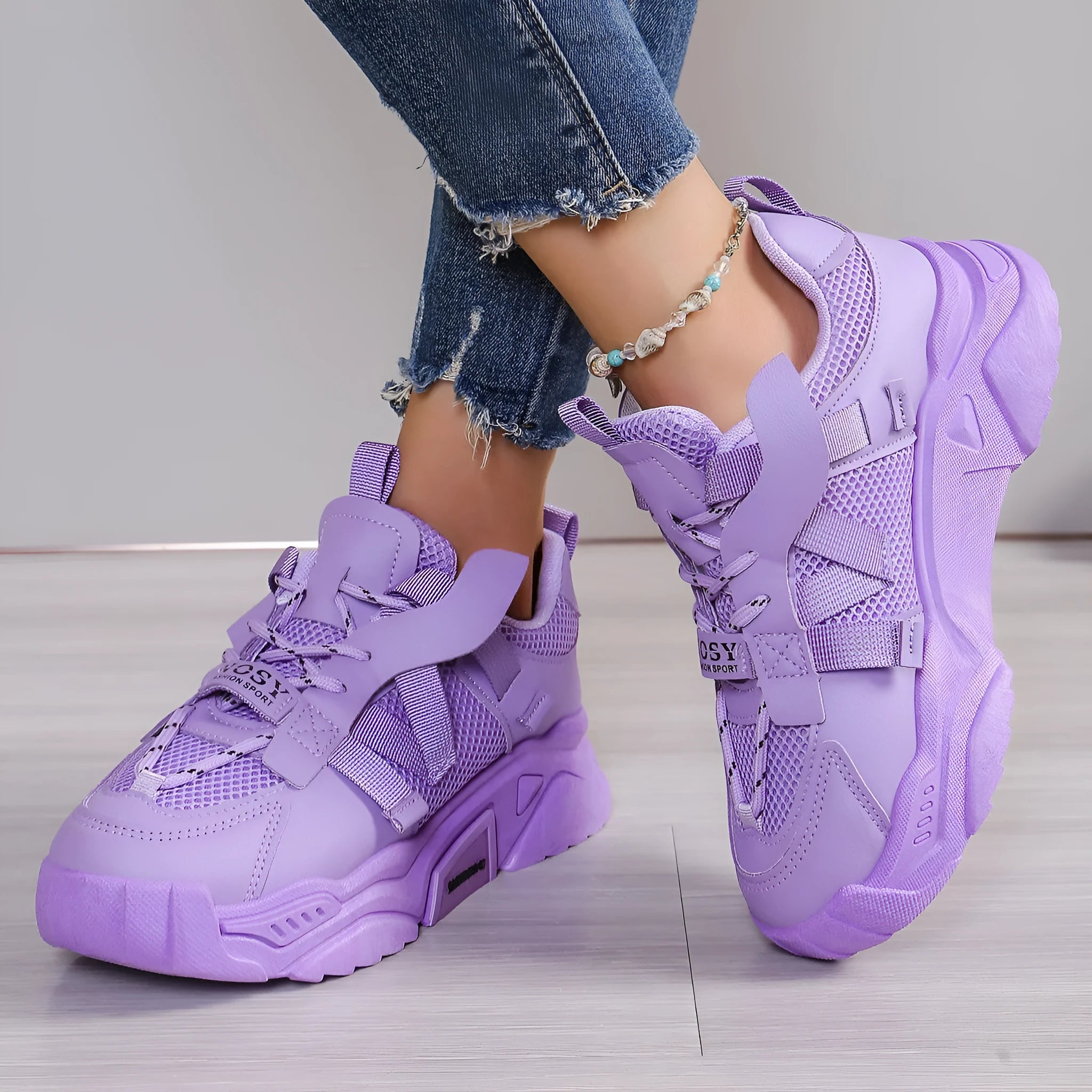 Women's platform mesh sports shoes in purple, green, white, pink and yellow colours with front lace-up design