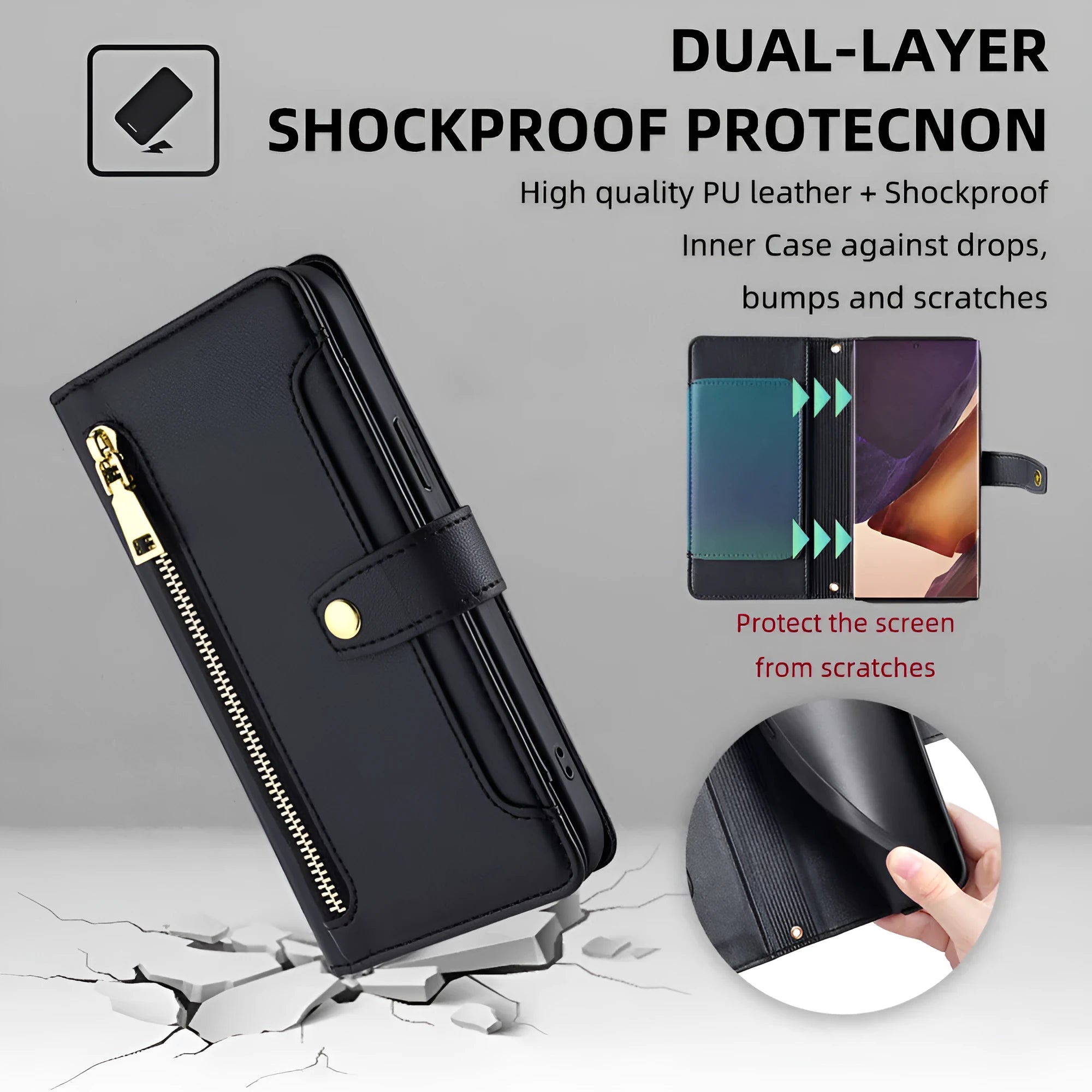 Samsung flip phone case in Black with card slot, kickstand, and magnetic closure for Galaxy S23 Ultra