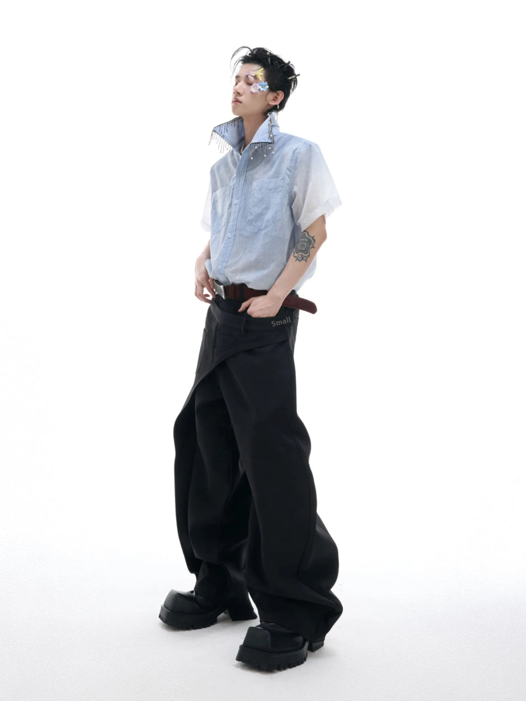 Blue to white gradient loose-fit short sleeve polyester shirt on a hanger.