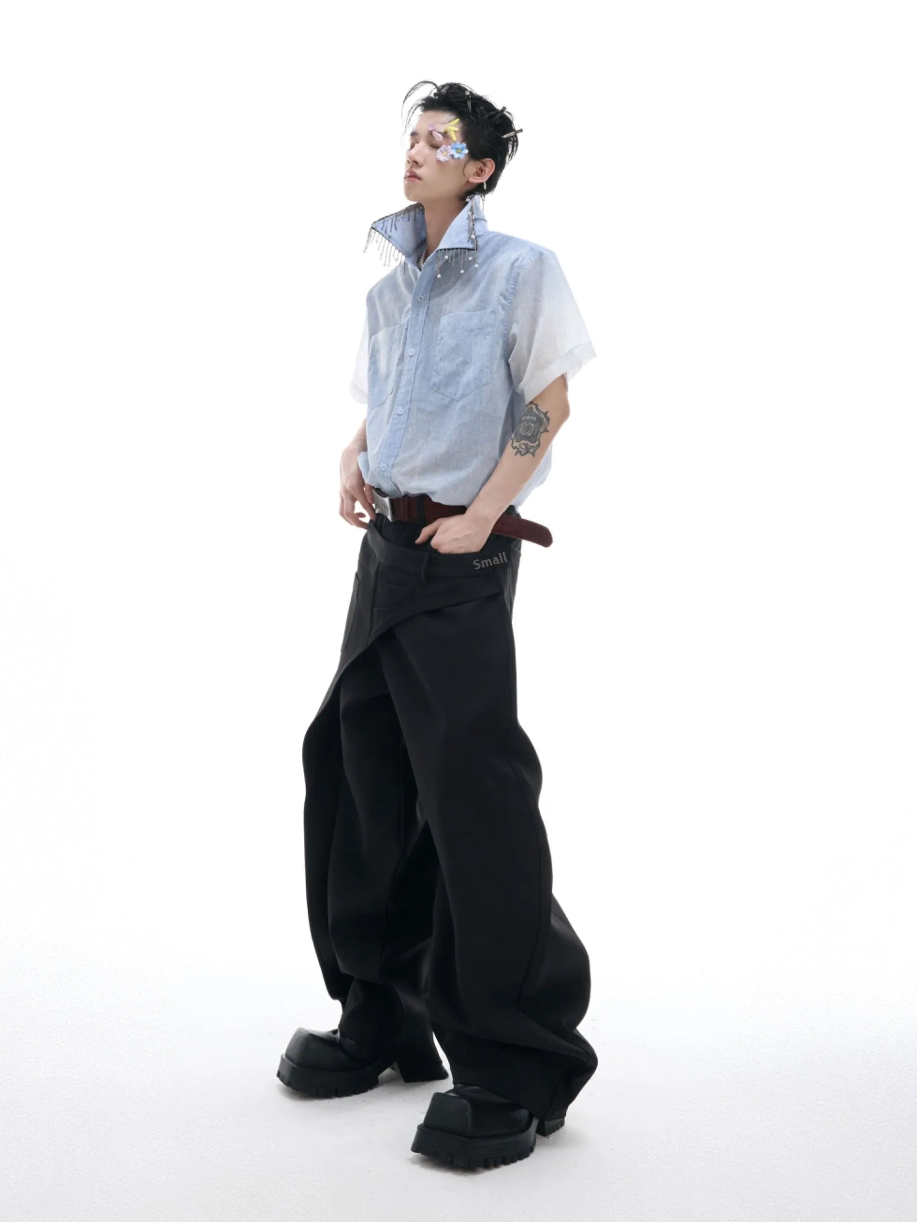 Blue to white gradient loose-fit short sleeve polyester shirt on a hanger.