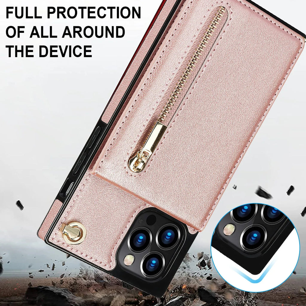 Genuine leather mobile phone case for Samsung and iPhone models in black, green, purple, red, and rose gold colours.