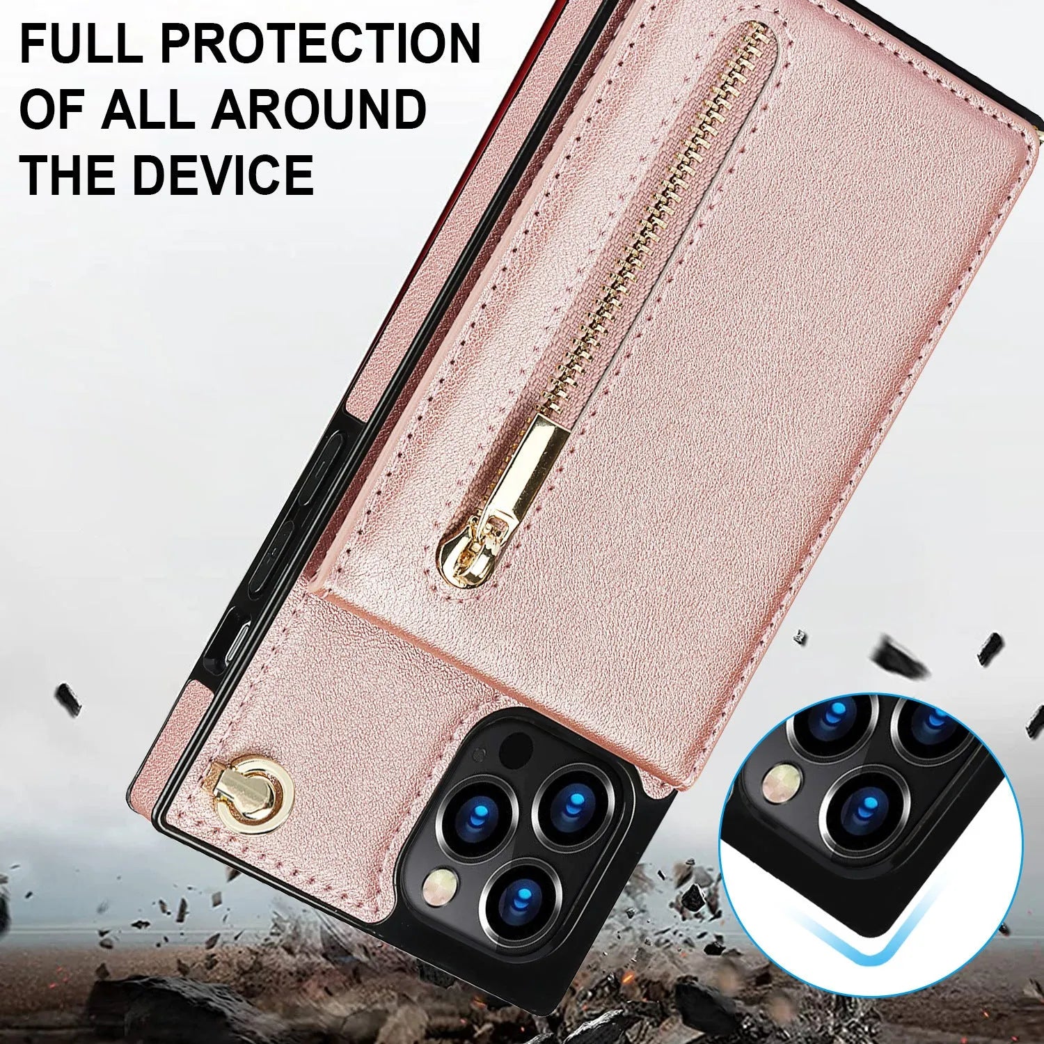 Genuine leather mobile phone case for Samsung and iPhone models in black, green, purple, red, and rose gold colours.
