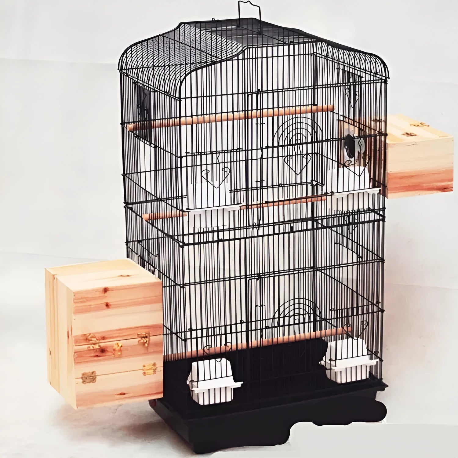 Portable wire bird parrot cage 45.5x35x93.5cm black with three wooden poles and plastic food cups removable bottom mesh