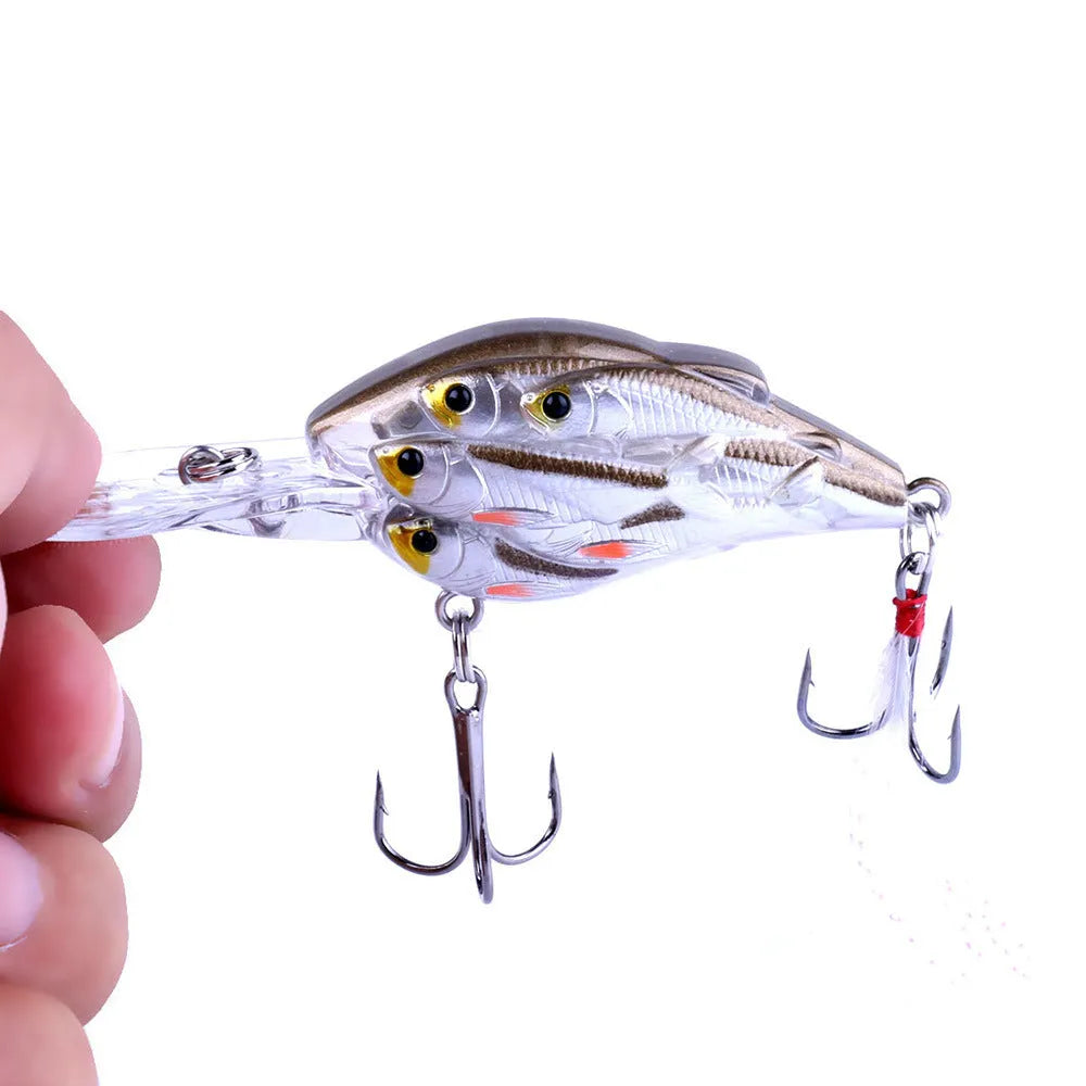 7.5 cm hard plastic fishing lure with fish feather hook in multiple colour options