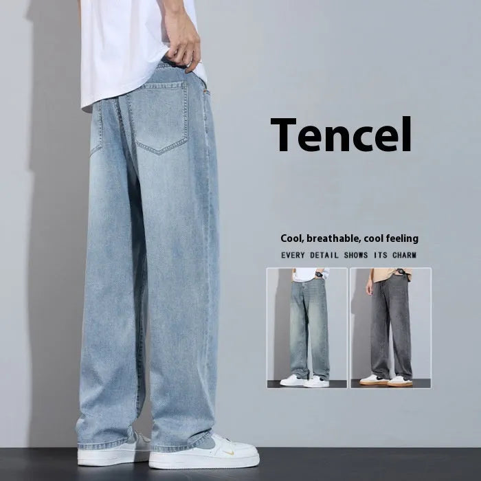 Men's straight leg trousers in ice silk denim with wide leg silhouette showing zip fly detail