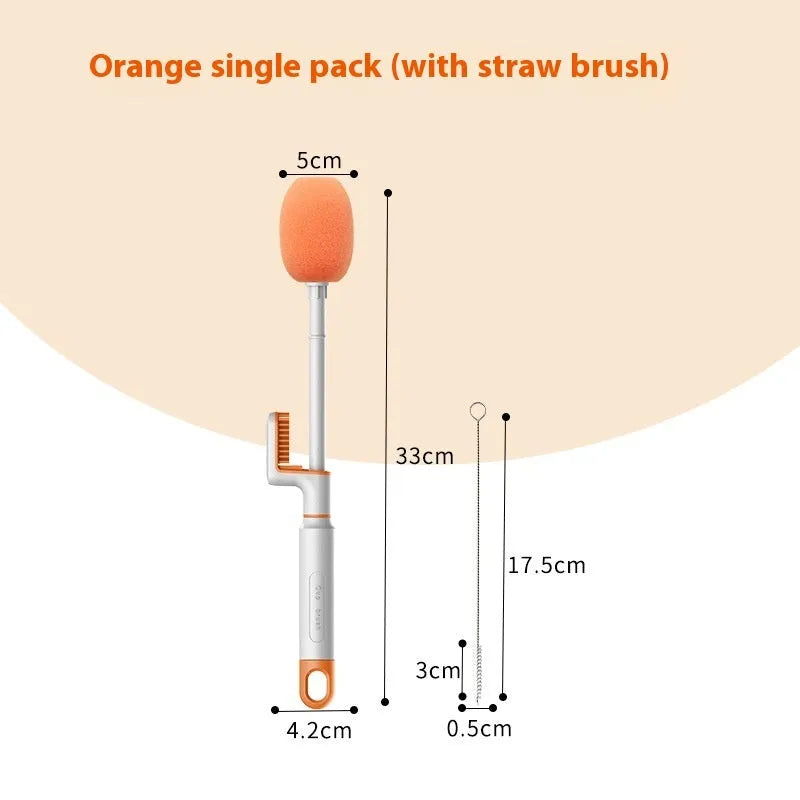 Long handle plastic cup brush in orange for cleaning tall bottles and cups