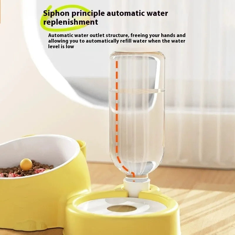Double bowl automatic drinking pet basin in haze blue with stainless steel ceramic food compartments