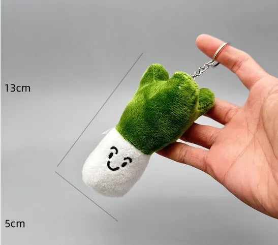 Funny vegetable plush keychain featuring onion, garlic, and broccoli pendants on a ring