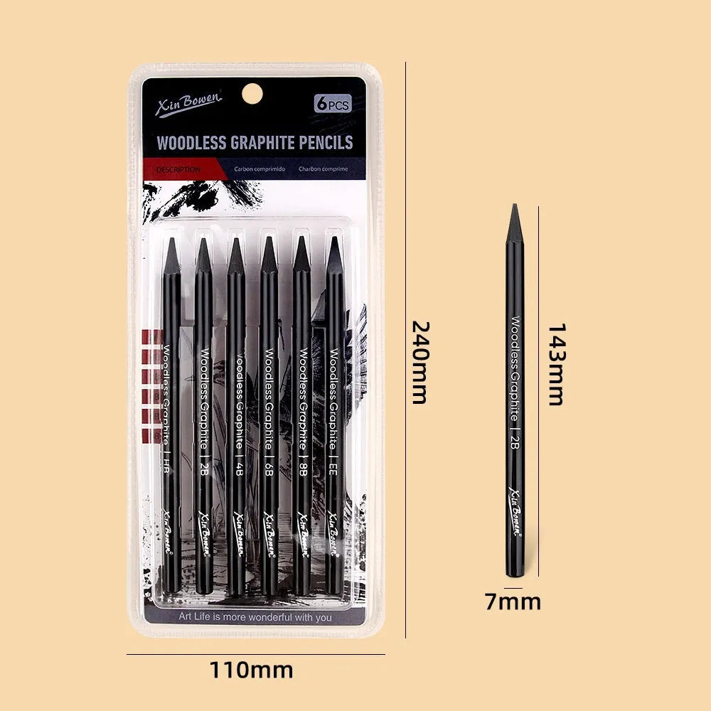 Wood-free graphite sketching pencils set showing six different hardness grades for art drawing
