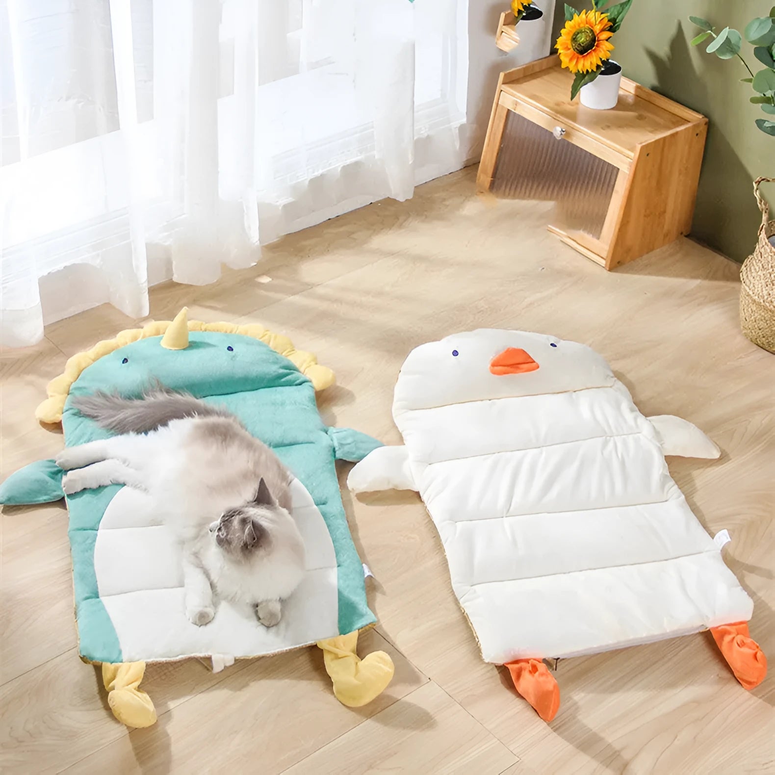 Detachable cool breathable cat bed with cooling mat, White Duck colour, size L, on floor with cat resting inside