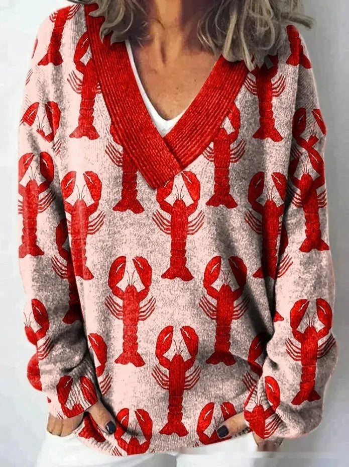 Women's floral printed sweatshirt with 3D pattern and V-neck design in art retro style