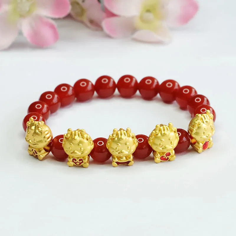Natural red agate bracelet with carved five blessing dragon motif, 8mm bead size