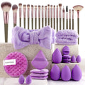 Beauty tool combination set with multiple pieces in brown, pink and purple colours for makeup and skincare