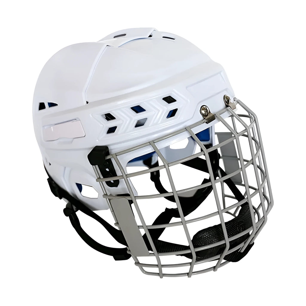 Ice hockey helmet with carbon steel face mask showing impact-resistant construction and cushioned lining
