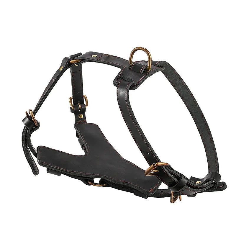 Cowhide leather dog chest harness set in black with automatic traction rope for small and large breeds