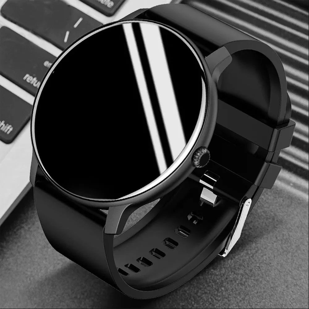 Smart sports watch with blood pressure monitoring on silicone wristband showing touchscreen display