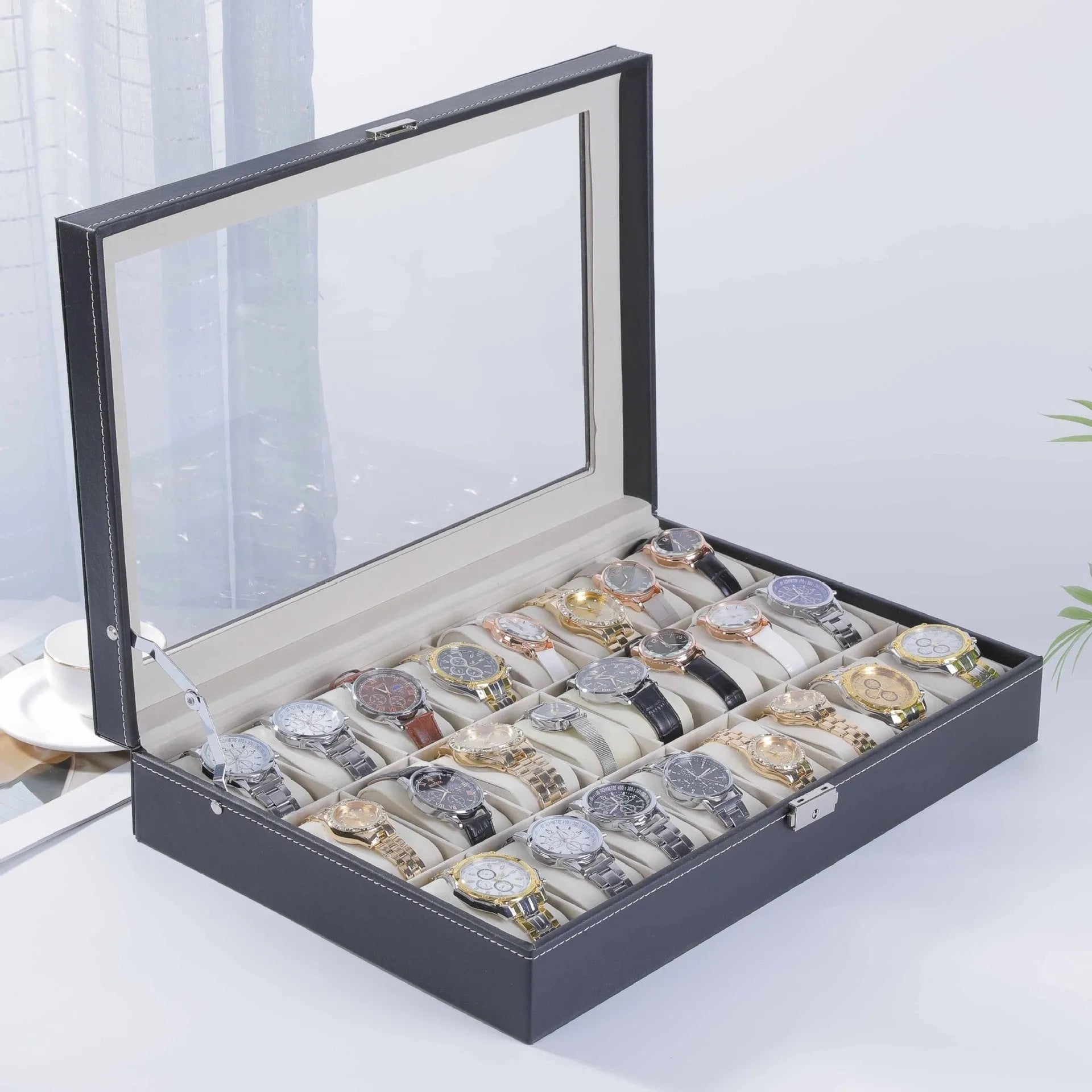 Grey high-grade leather watch storage box with clear acrylic dustproof lid, showing multiple watch capacity options.
