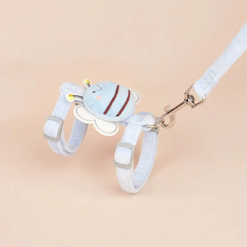 Bee-shaped adjustable cat harness and leash set in blue colour with matching hand-held rope