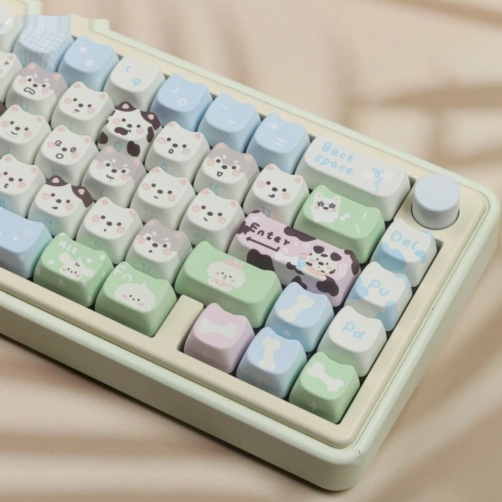 PBT key cap set with cat and puppy sublimation designs for mechanical keyboards