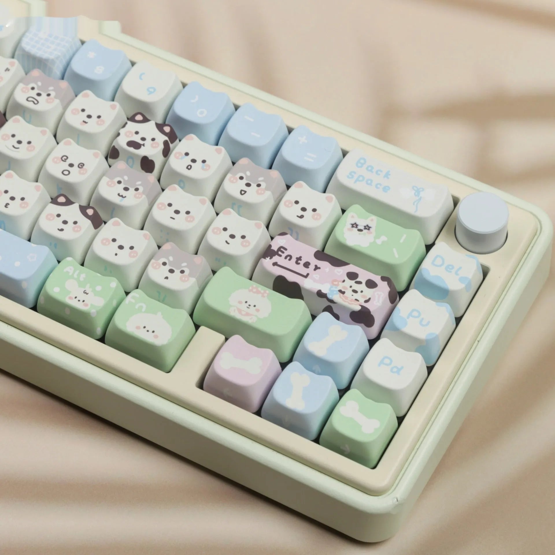 PBT key cap set with cat and puppy sublimation designs for mechanical keyboards