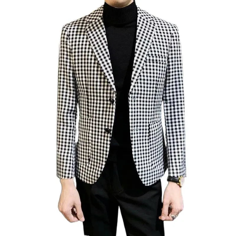 Black and white plaid slim-fit youth fashion jacket with cotton blend fabric, front view, sized M to 2XL
