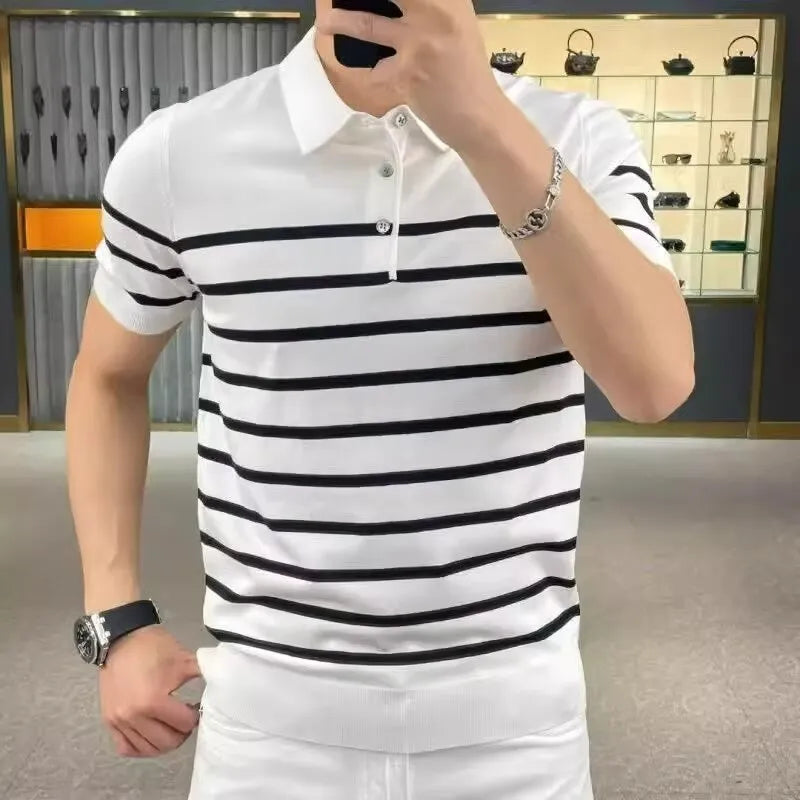 Chemical fibre blend striped lapel knitted T-shirt in black and white colour options