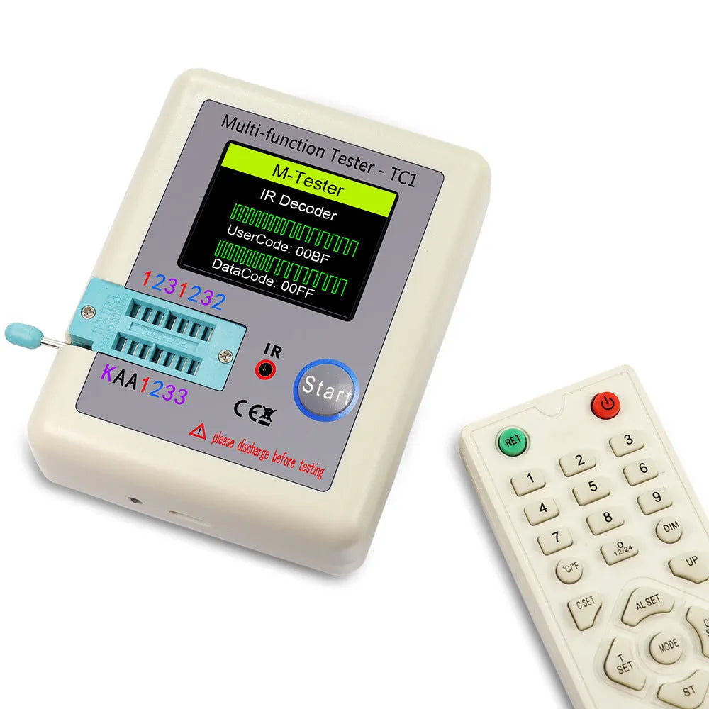 LCR-TC1 multi-function transistor tester with full colour screen showing component test results on portable 90x70x10mm device