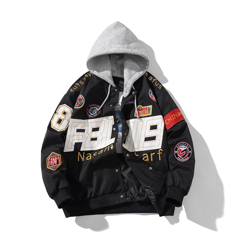 Loose-fitting black American motorcycle baseball jacket with detachable hood on a hanger