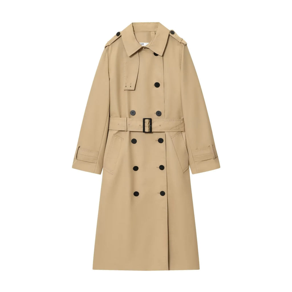 Women's double breasted trench coat, long sleeve, drawstring, dark green or khaki, sizes XS to L