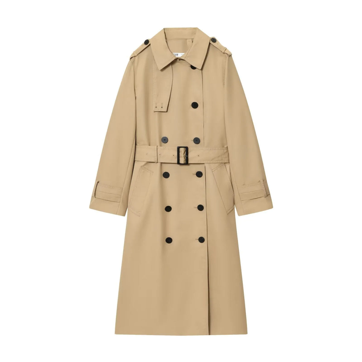 Women's double breasted trench coat, long sleeve, drawstring, dark green or khaki, sizes XS to L