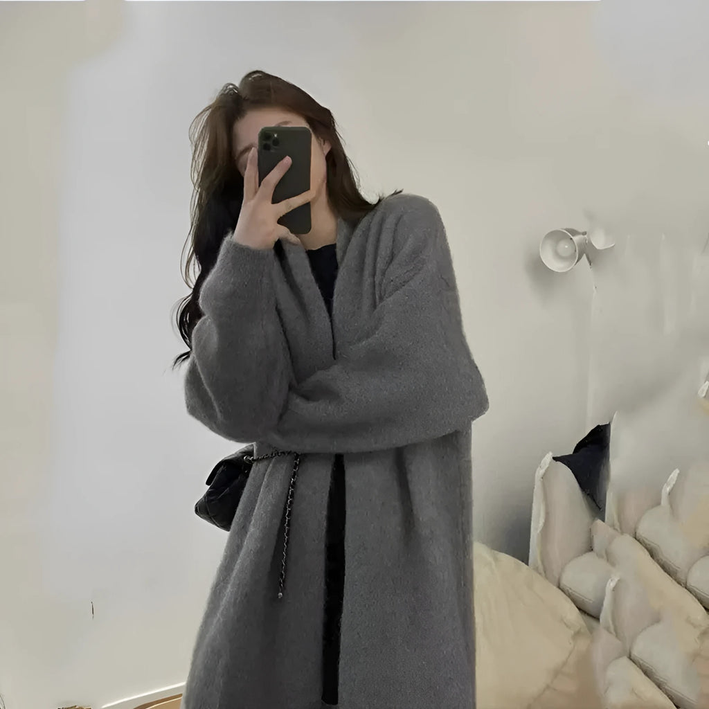 Loose large knitted cardigan for women in thick chenille fabric, shown in dark gray colour.